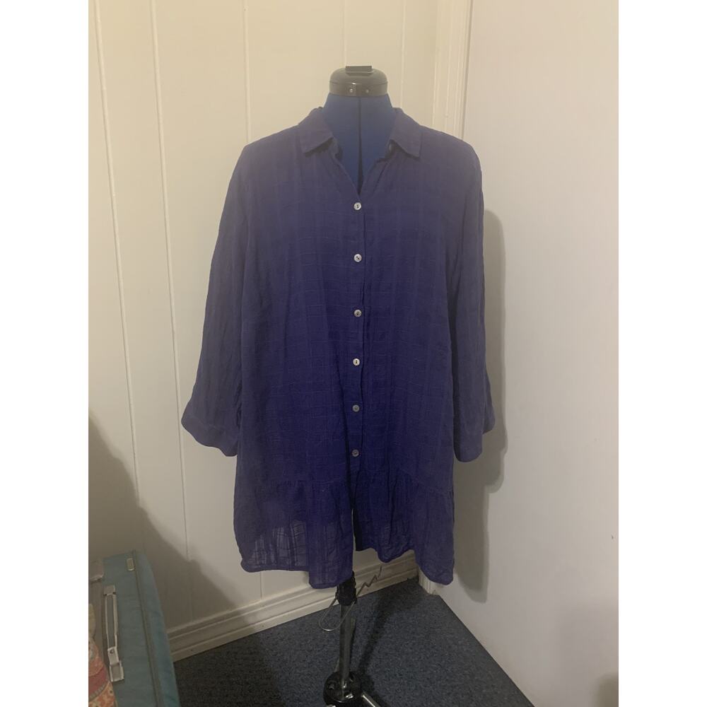 J Jill Navy Semi Sheer Tunic Button Up 3X 100% Cotton Beachy Lightweight
